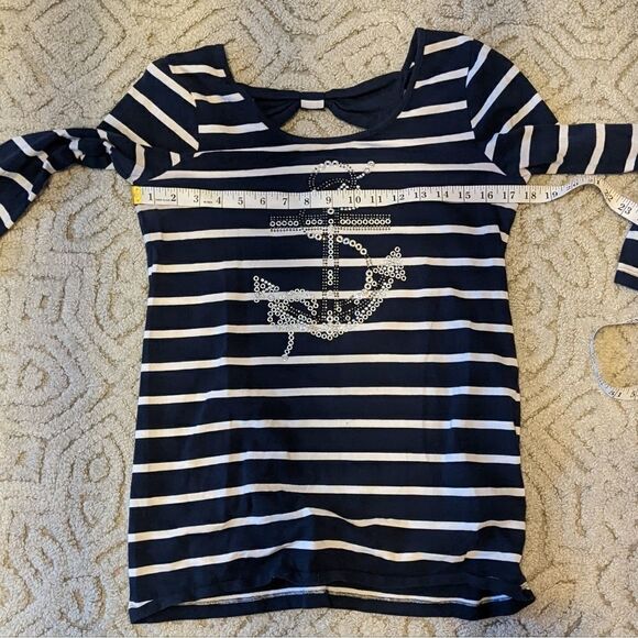Marble navy marine striped shirt rhinestone sequin anchor decor Small @V - Picture 5 of 8
